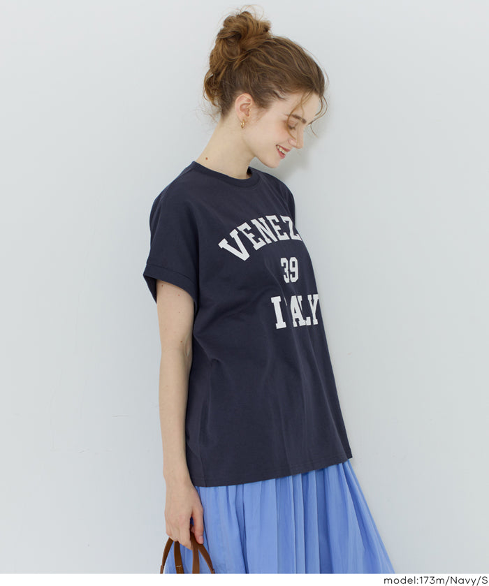 日系簡約LOGO法式袖短袖T恤 (Roll-up logo print big T-shirt)