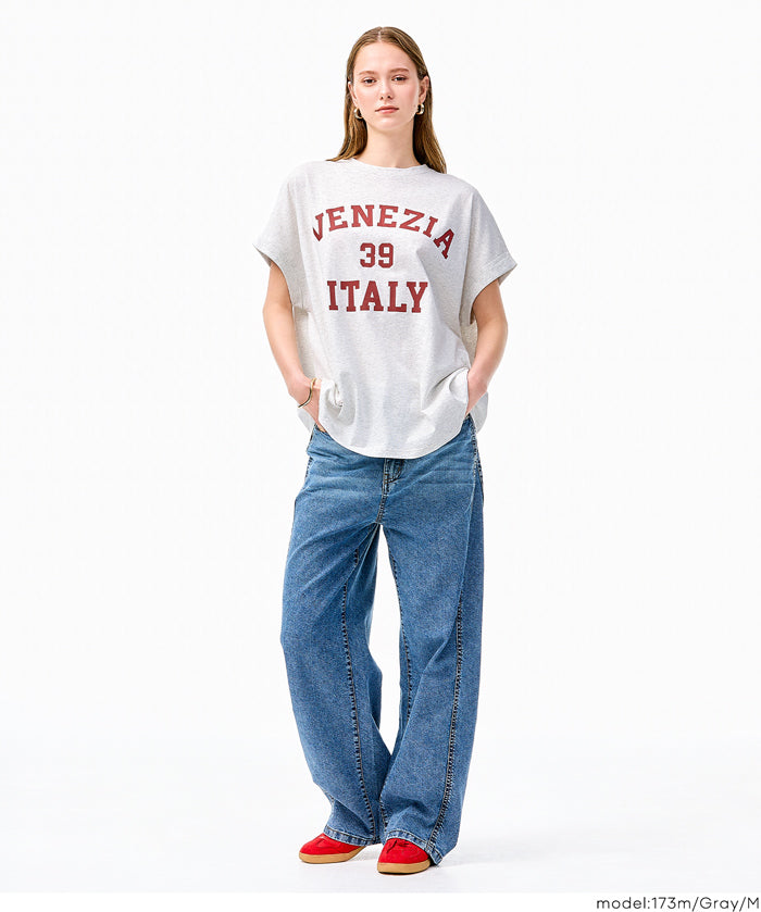 日系簡約LOGO法式袖短袖T恤 (Roll-up logo print big T-shirt)