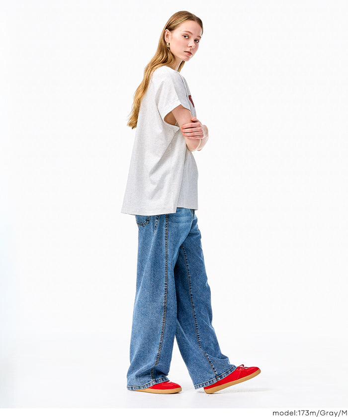 日系簡約LOGO法式袖短袖T恤 (Roll-up logo print big T-shirt)