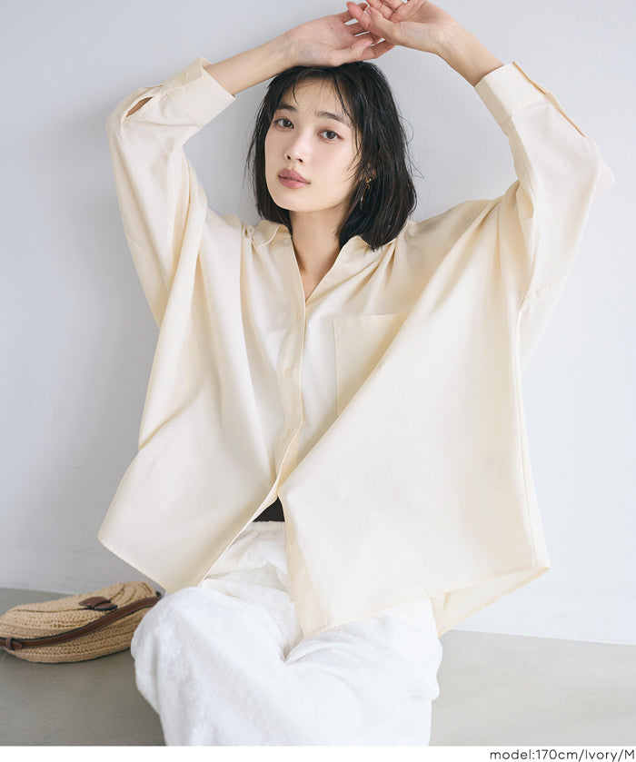 挺感棉質蝙蝠袖休閒襯衫 胸前口袋