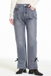 絲絨蝴蝶結裝飾牛仔褲