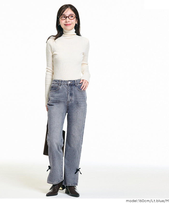 絲絨蝴蝶結裝飾牛仔褲