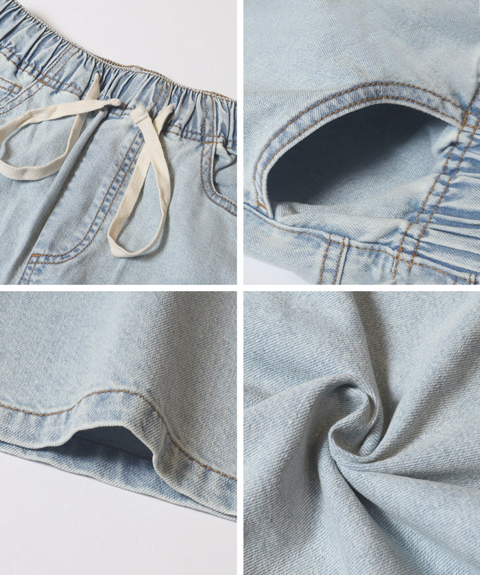 極輕無重力 抽繩松緊腰直筒闊腿牛仔褲(Summer denim)