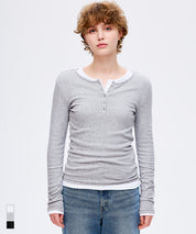 Simple double-layer Henley collar design long-sleeved top
