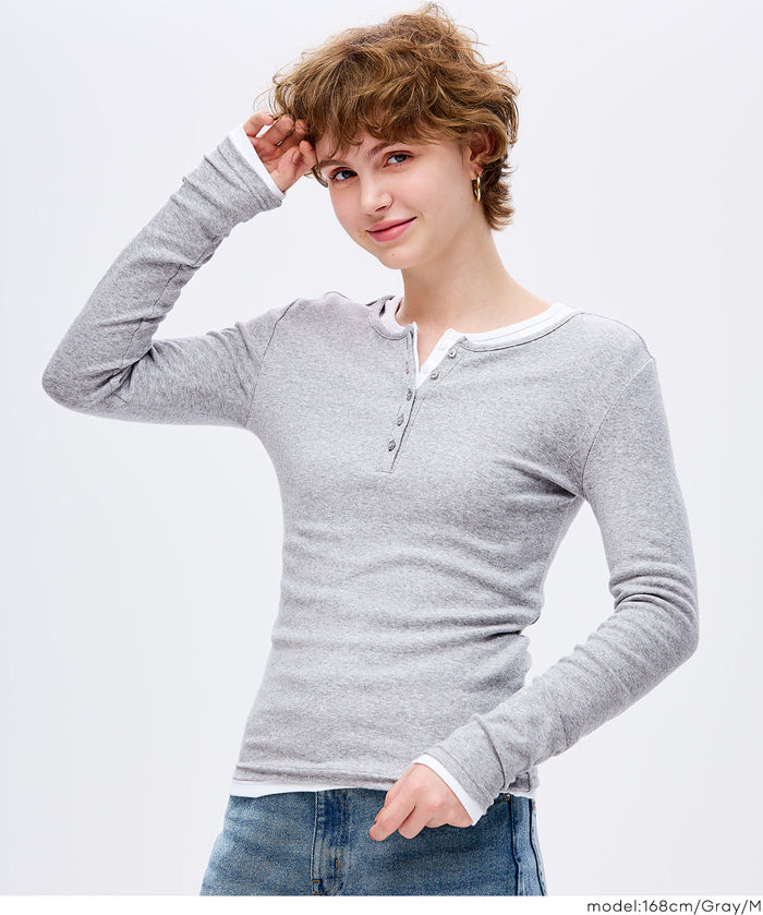 Simple double-layer Henley collar design long-sleeved top