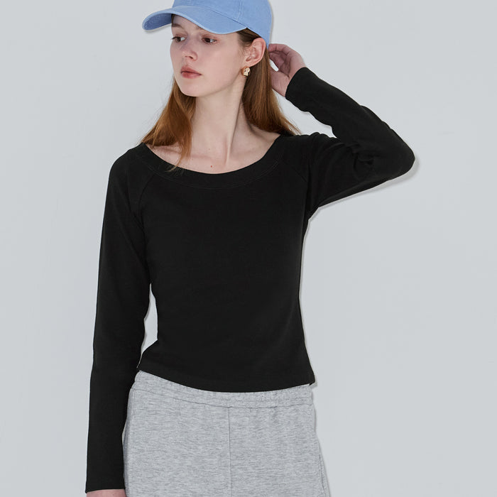 日系簡約純色大U領長袖插肩T恤