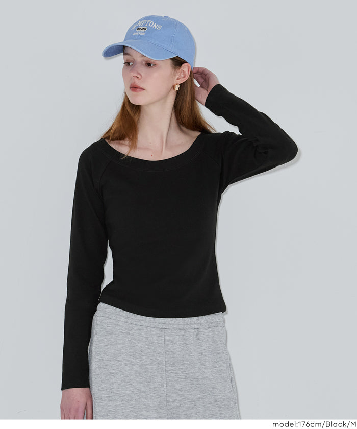 日系簡約純色大U領長袖插肩T恤