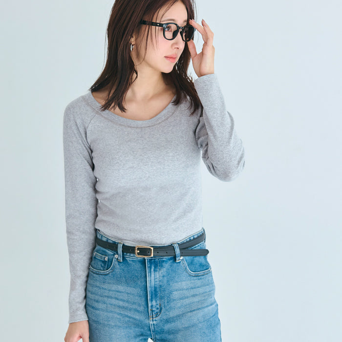 日系簡約純色大U領長袖插肩T恤