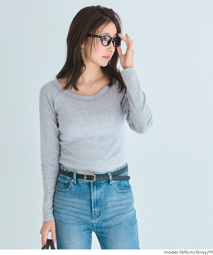 日系簡約純色大U領長袖插肩T恤