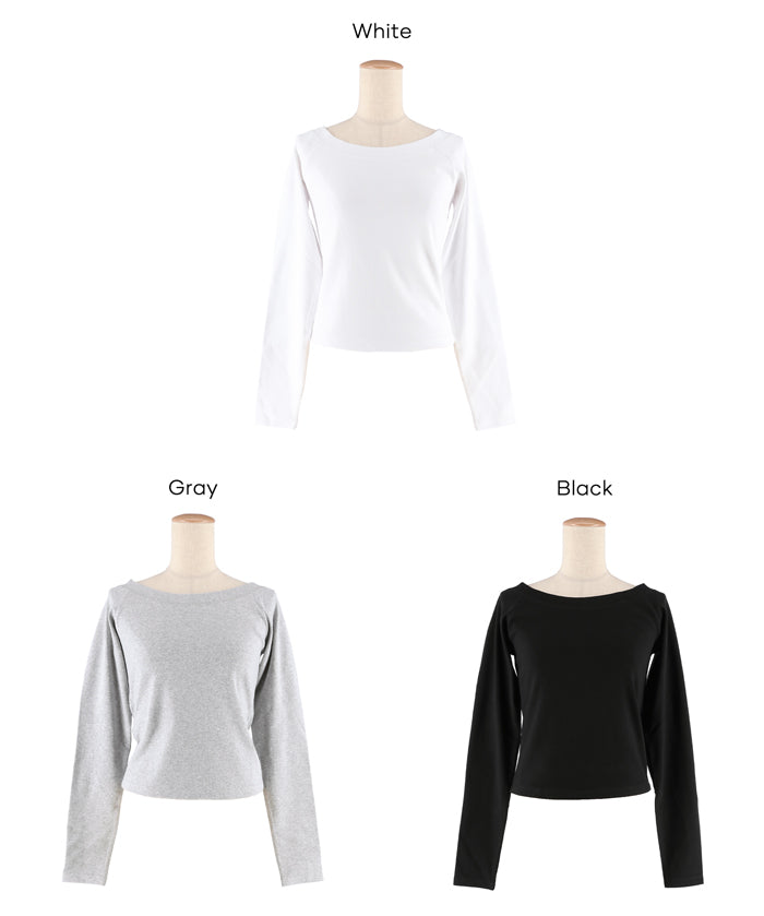 日系簡約純色大U領長袖插肩T恤