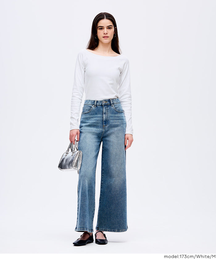 日系簡約純色大U領長袖插肩T恤