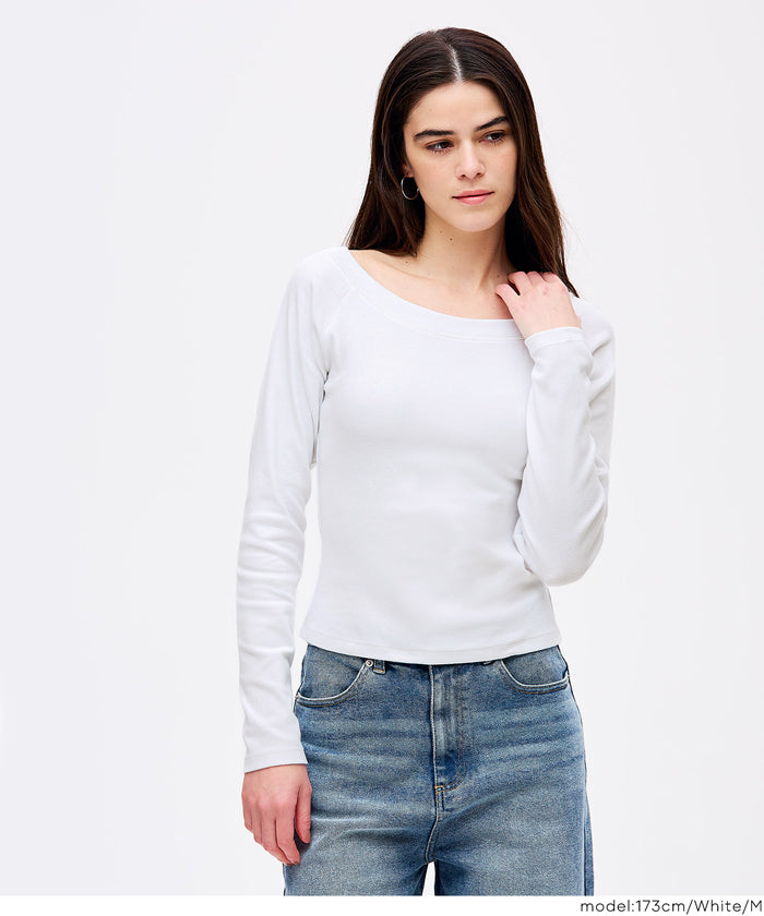 日系簡約純色大U領長袖插肩T恤