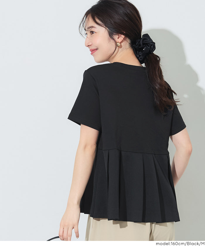 日系百褶拼接短袖娃娃上衣 (T-shirt with contrasting material and pleats)
