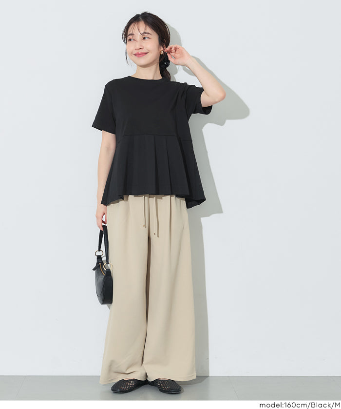 日系百褶拼接短袖娃娃上衣 (T-shirt with contrasting material and pleats)