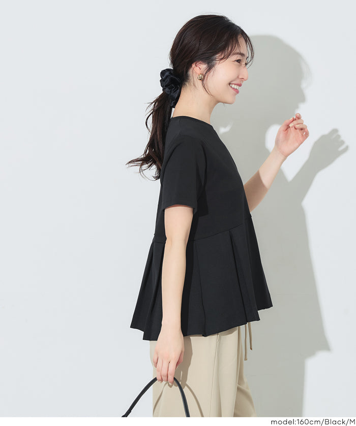 日系百褶拼接短袖娃娃上衣 (T-shirt with contrasting material and pleats)