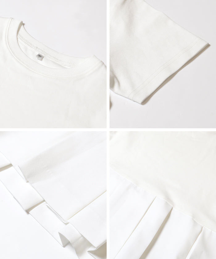 日系百褶拼接短袖娃娃上衣 (T-shirt with contrasting material and pleats)
