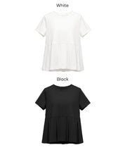 日系百褶拼接短袖娃娃上衣 (T-shirt with contrasting material and pleats)