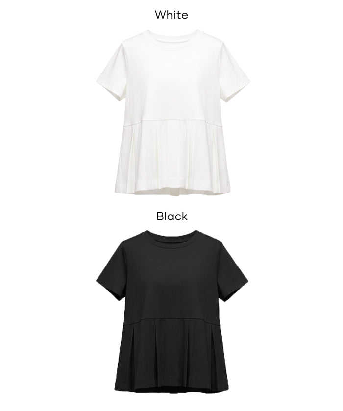日系百褶拼接短袖娃娃上衣 (T-shirt with contrasting material and pleats)