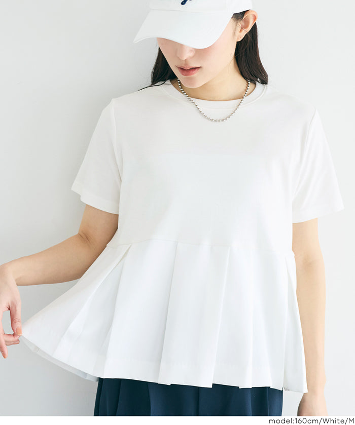日系百褶拼接短袖娃娃上衣 (T-shirt with contrasting material and pleats)