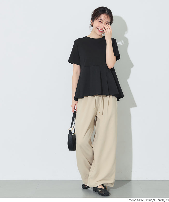 日系百褶拼接短袖娃娃上衣 (T-shirt with contrasting material and pleats)