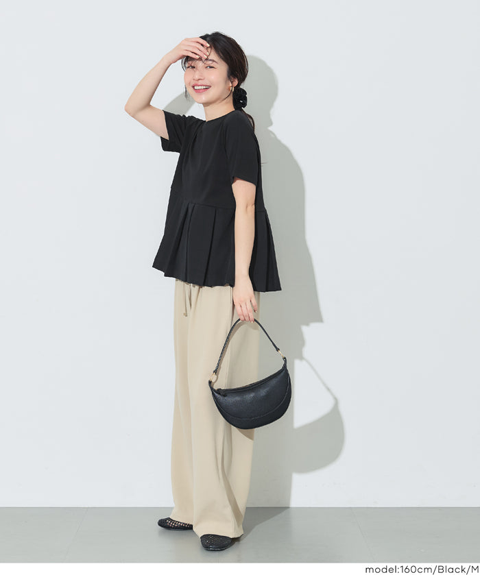 日系百褶拼接短袖娃娃上衣 (T-shirt with contrasting material and pleats)