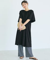 慵懶純棉後綁帶五分袖短袖連衣裙 (Cutback Ribbon Gathered Dress)