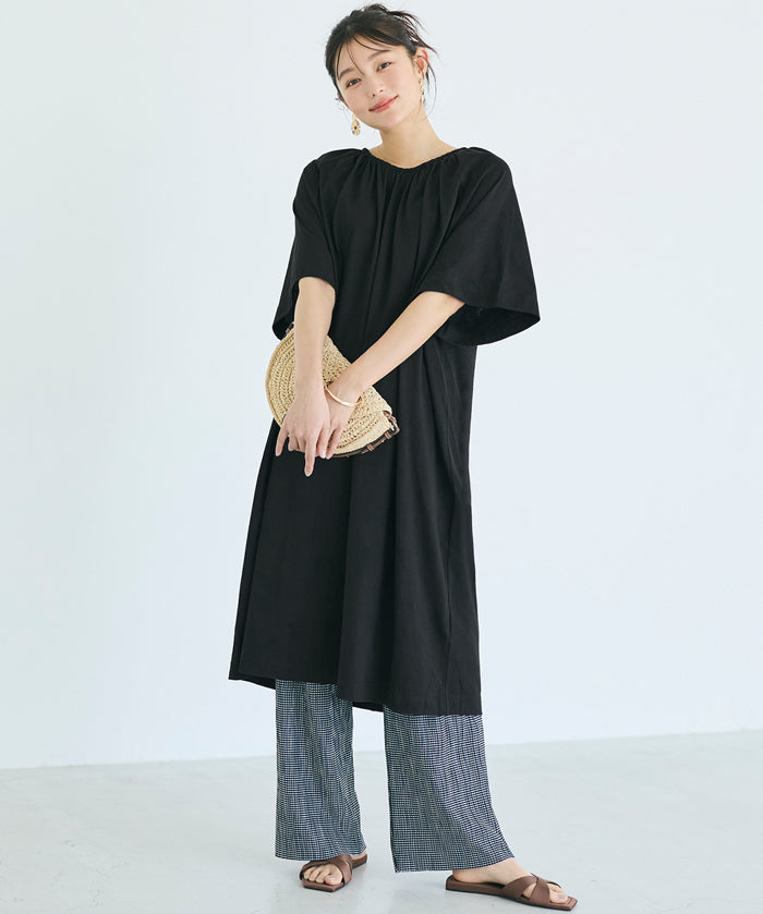 慵懶純棉後綁帶五分袖短袖連衣裙 (Cutback Ribbon Gathered Dress)