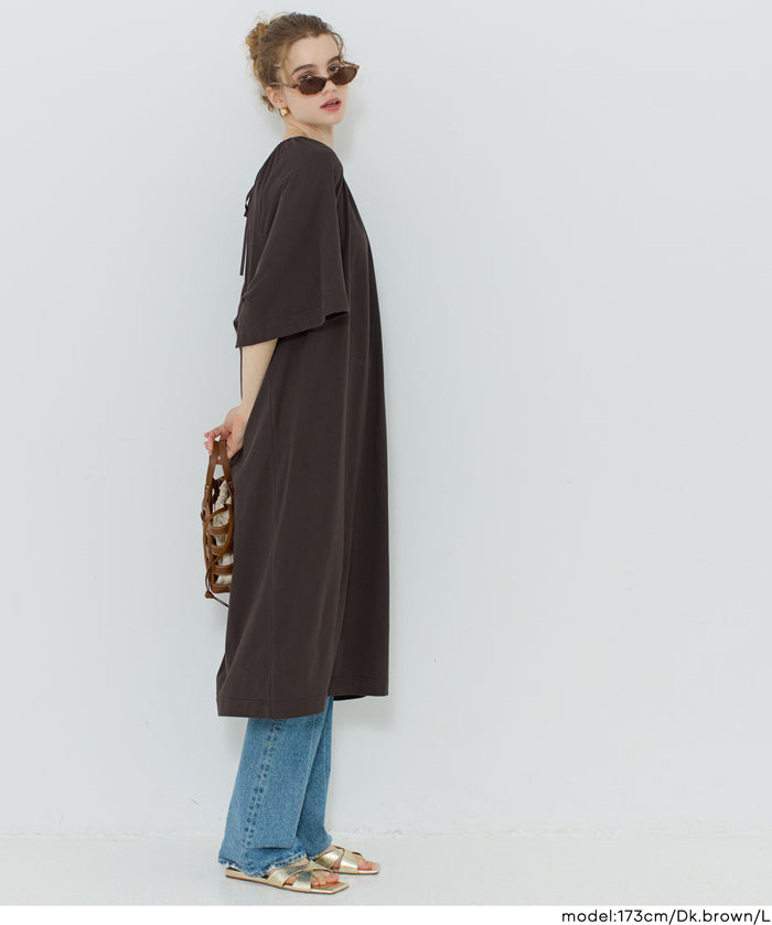 慵懶純棉後綁帶五分袖短袖連衣裙 (Cutback Ribbon Gathered Dress)