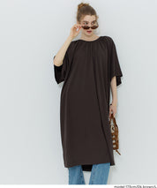 慵懶純棉後綁帶五分袖短袖連衣裙 (Cutback Ribbon Gathered Dress)