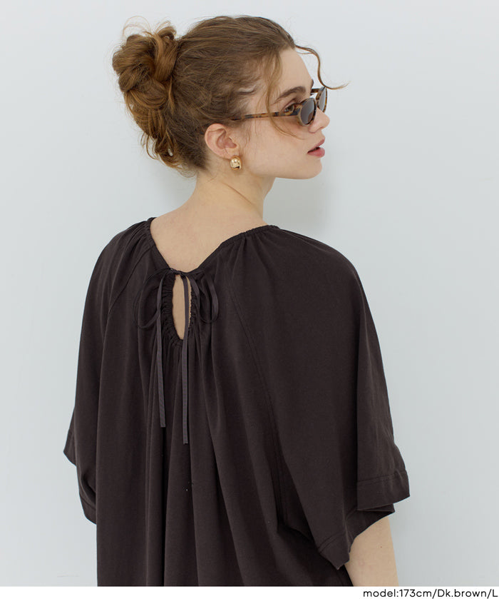 慵懶純棉後綁帶五分袖短袖連衣裙 (Cutback Ribbon Gathered Dress)