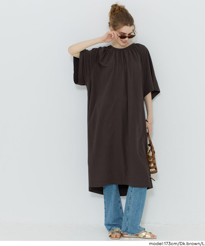 慵懶純棉後綁帶五分袖短袖連衣裙 (Cutback Ribbon Gathered Dress)