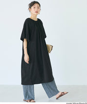 慵懶純棉後綁帶五分袖短袖連衣裙 (Cutback Ribbon Gathered Dress)
