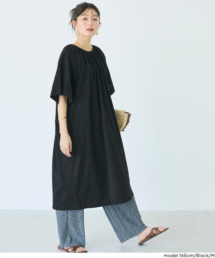 慵懶純棉後綁帶五分袖短袖連衣裙 (Cutback Ribbon Gathered Dress)