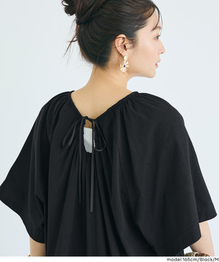 慵懶純棉後綁帶五分袖短袖連衣裙 (Cutback Ribbon Gathered Dress)