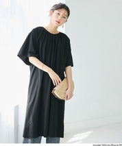 慵懶純棉後綁帶五分袖短袖連衣裙 (Cutback Ribbon Gathered Dress)