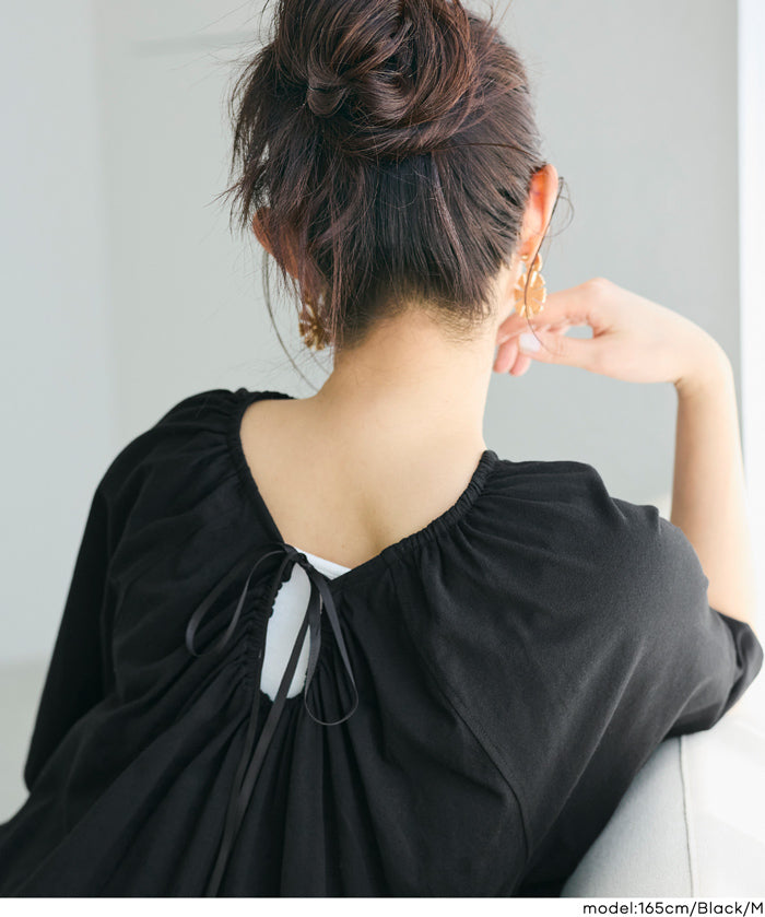 慵懶純棉後綁帶五分袖短袖連衣裙 (Cutback Ribbon Gathered Dress)