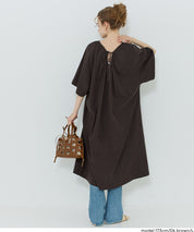 慵懶純棉後綁帶五分袖短袖連衣裙 (Cutback Ribbon Gathered Dress)