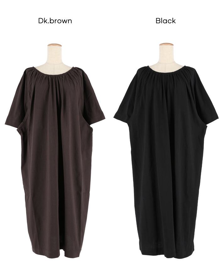 慵懶純棉後綁帶五分袖短袖連衣裙 (Cutback Ribbon Gathered Dress)