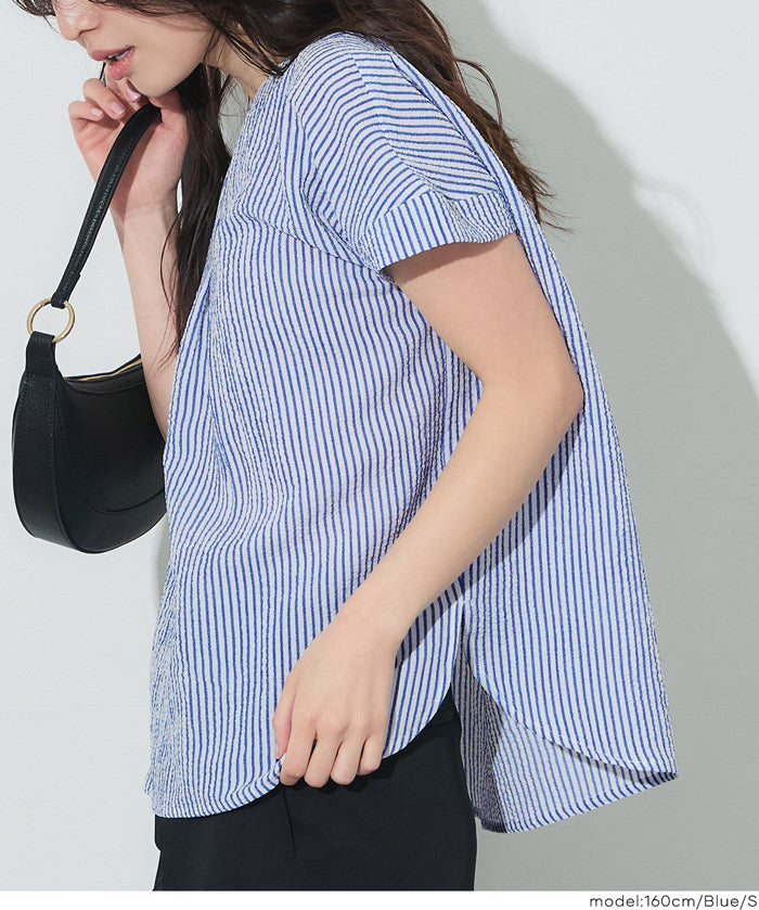 凹凸肌理小V領簡約短袖上衣 (Seersucker V-neck Top)