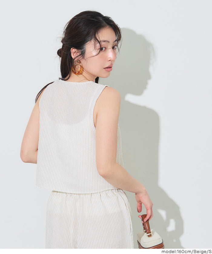 【可配套】凹凸肌理直條紋蝴蝶結背心 (Seersucker ribbon Vest)