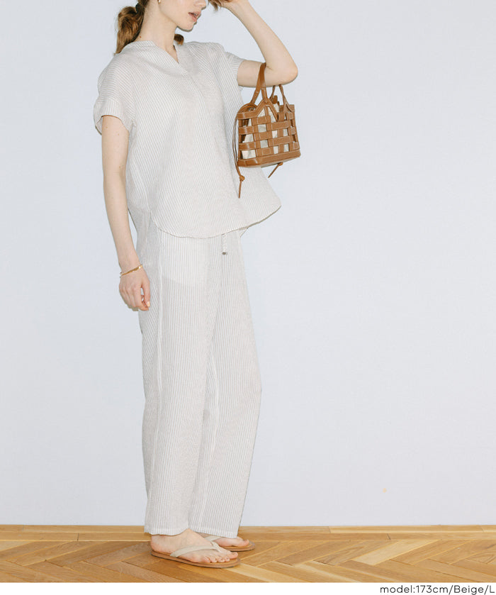 【可配套】凹凸肌理直條紋休閒褲 (Relaxed-fit seersucker pants)