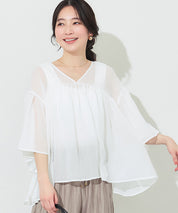 日系V領透膚荷葉拼接上衣 (Sheer sleeve flared blouse )