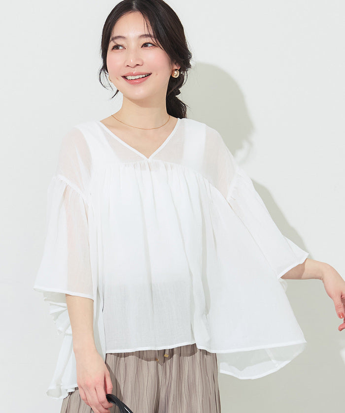 日系V領透膚荷葉拼接上衣 (Sheer sleeve flared blouse )
