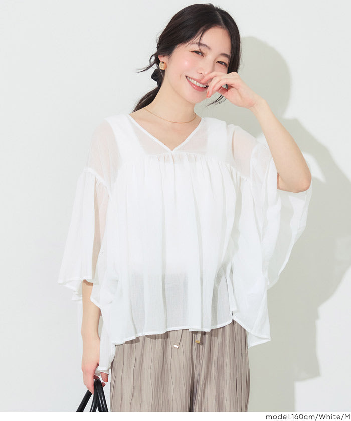 日系V領透膚荷葉拼接上衣 (Sheer sleeve flared blouse )