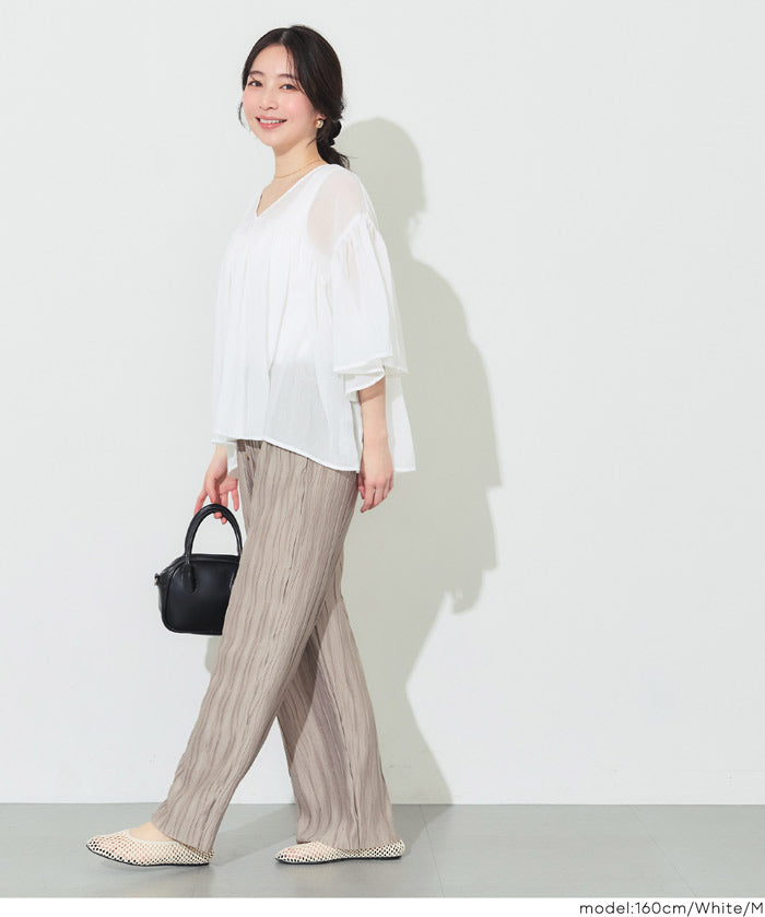 日系V領透膚荷葉拼接上衣 (Sheer sleeve flared blouse )