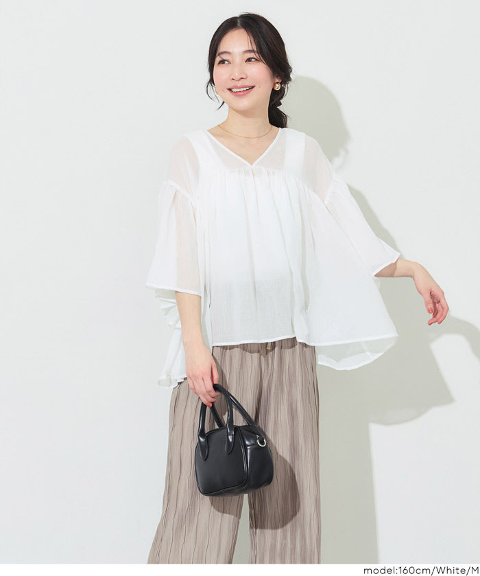日系V領透膚荷葉拼接上衣 (Sheer sleeve flared blouse )