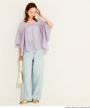 日系V領透膚荷葉拼接上衣 (Sheer sleeve flared blouse )