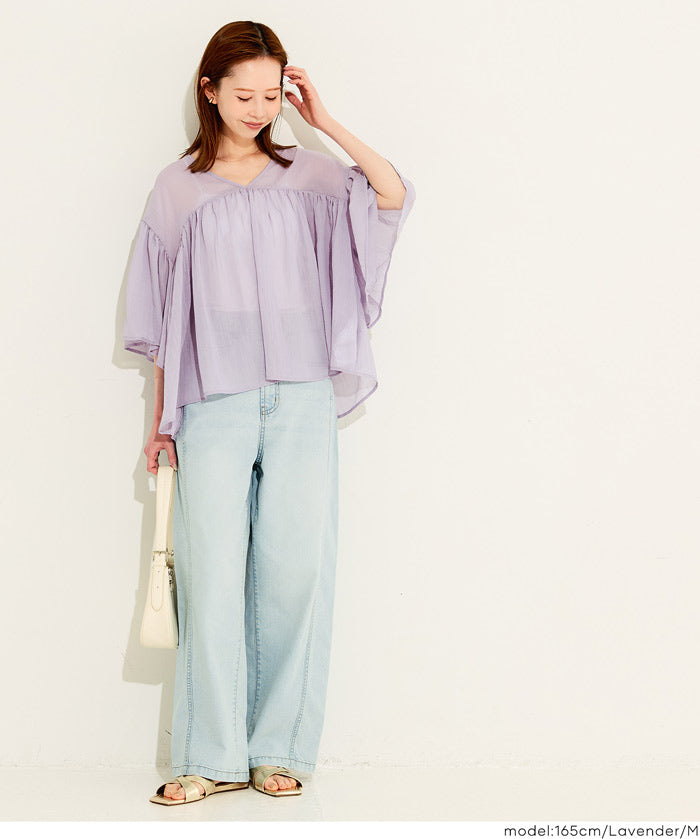 日系V領透膚荷葉拼接上衣 (Sheer sleeve flared blouse )
