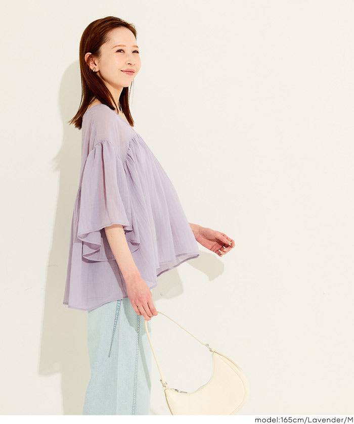 日系V領透膚荷葉拼接上衣 (Sheer sleeve flared blouse )