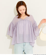 日系V領透膚荷葉拼接上衣 (Sheer sleeve flared blouse )
